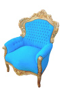 Grand fauteuil de style baroque tissu velours bleu turquoise et bois doré