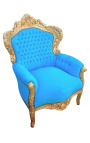Poltrona grande estilo barroco em tecido de veludo azul turquesa e madeira dourada