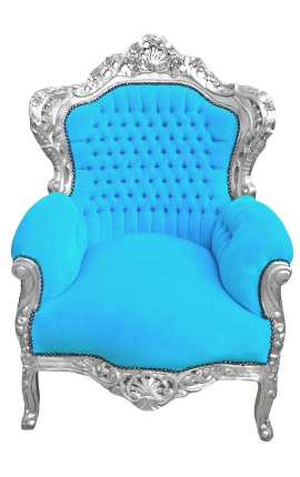 Duży fotel w stylu barokowym turkusowa aksamitna tkanina i srebrne drewno