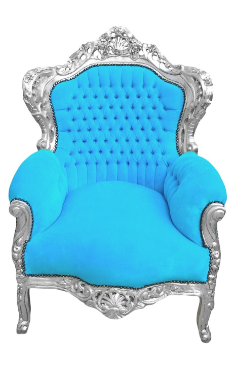 Duży fotel w stylu barokowym turkusowa aksamitna tkanina i srebrne drewno