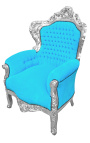 Grand fauteuil de style baroque velours turquoise et bois argent