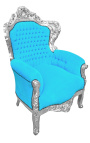 Großer Sessel im Barockstil, türkisfarbener Samtstoff und silbernes Holz