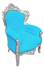 Grand fauteuil de style baroque velours turquoise et bois argent