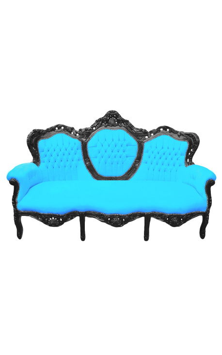 Canapé baroque tissu velours turquoise et bois laqué noir