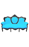 Canapé baroque tissu velours turquoise et bois laqué noir