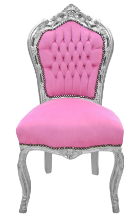 Sedia in stile barocco rococò tessuto in velluto rosa e legno argentato
