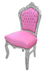 Chaise de style Baroque Rococo tissu velours rose et bois argenté