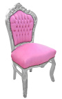 Chaise de style Baroque Rococo tissu velours rose et bois argenté