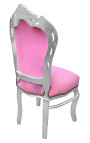 Stuhl im Barock-Rokoko-Stil aus rosa Samt und silbernem Holz