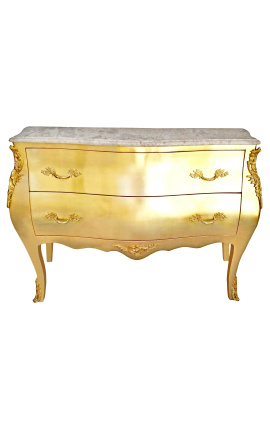 Baroka kumode Louis XV Stils zelta lapas un bēša marmora tops