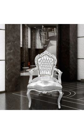 Μπαρόκ ροκοκό πολυθρόνα από ψεύτικο δέρμα ασήμι και ασημένιο ξύλο
