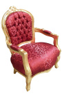Fotel w stylu barokowym dla dziecka czerwona satyna i złote drewno