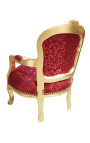 Fotel w stylu barokowym dla dziecka czerwona satyna i złote drewno