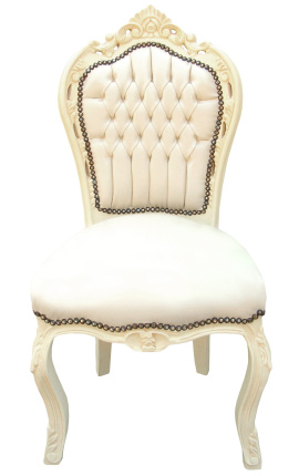 Cadeira de estilo barroco rococó tecido de couro sintético bege e madeira bege lacada