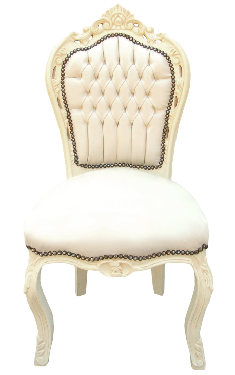 Chaise de style Baroque Rococo tissu simili cuir beige et bois laqué beige