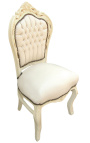 Cadira d'estil barroc rococó de teixit de pell sintètica beix i fusta lacada beix