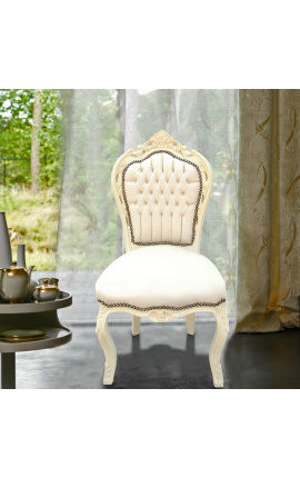 Cadira d&#039;estil barroc rococó de teixit de pell sintètica beix i fusta lacada beix