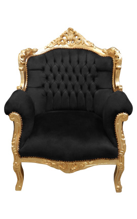 Sillón príncipe estilo barroco terciopelo negro y madera de oro