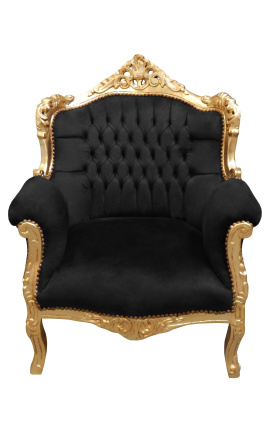 Poltrona "principesca" estilo barroco veludo preto e madeira dourada