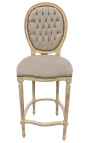 Cadira de bar estil Lluís XVI amb pompó, teixit de vellut beix i fusta beix