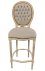 Chaise de bar de style Louis XVI à pompon, tissu velours beige et bois beige