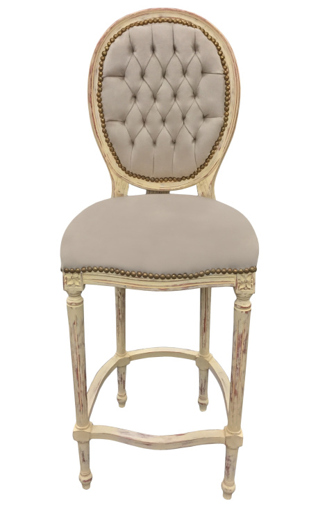Barski stol v slogu Ludvika XVI. z bež žametno tkanino in bež lesom