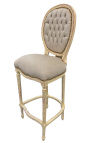 Chaise de bar de style Louis XVI à pompon, tissu velours beige et bois beige