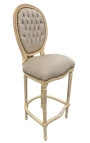 Cadeira de bar estilo Luís XVI com pompom, tecido de veludo bege e madeira bege
