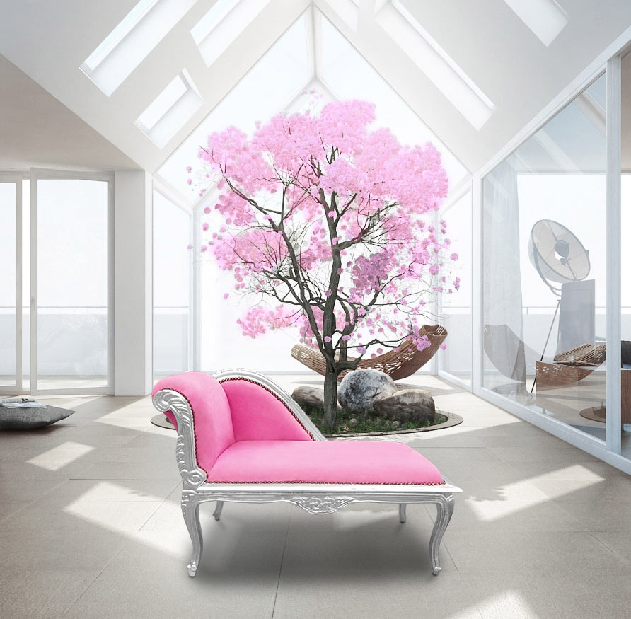 Baroque chaise lounge Louis XV style pink fabric and silver wood Royal Art Palace in a Zen space in the attic