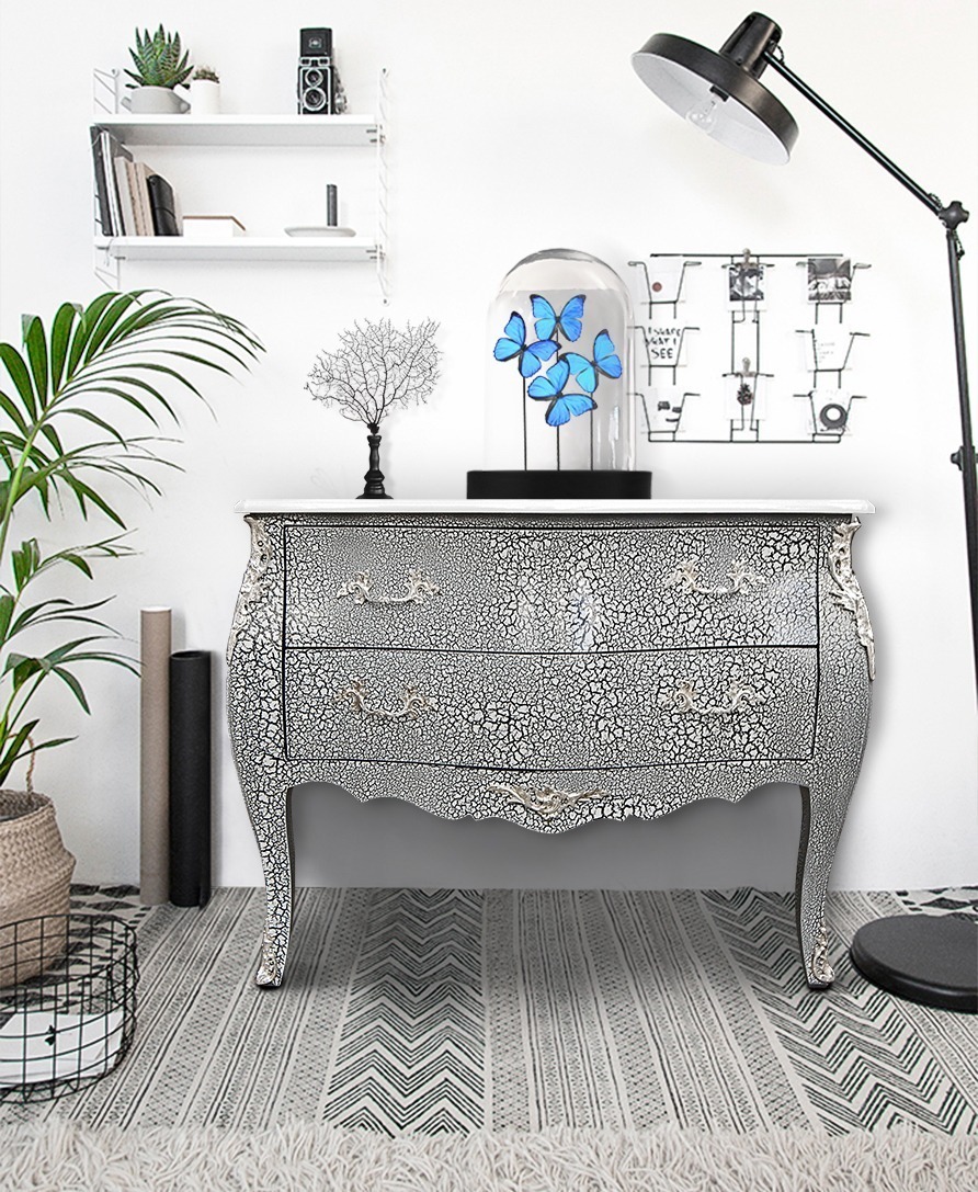 Louis XV style baroque chest of drawers with black and white craquelé effect Royal Art Palace in a black and white decoration