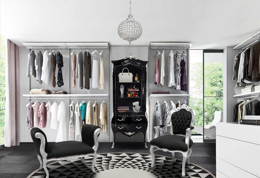 Women's dressing room with rococo armchair, baroque bench, chandelier and showcase Royal Art Palace