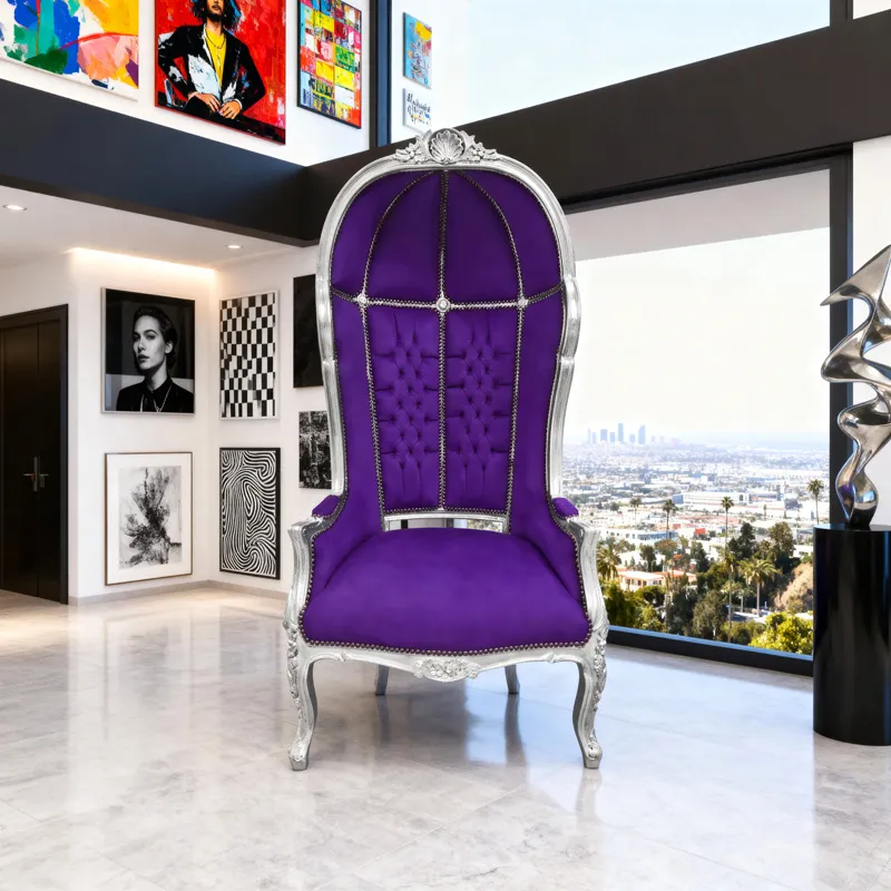 Large Baroque carriage armchair in mauve velvet and silver wood