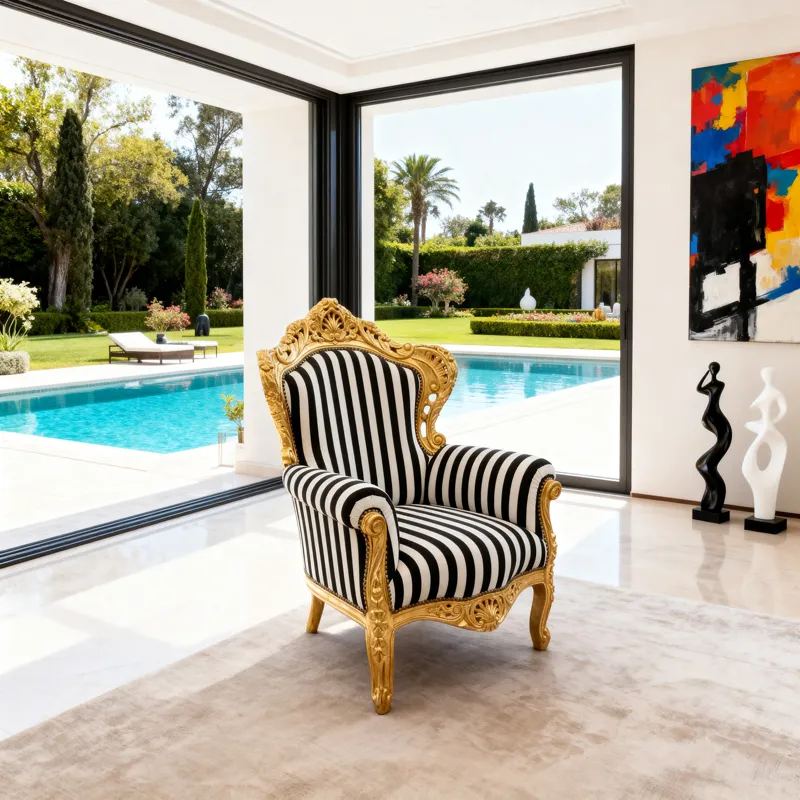 Large Baroque-style armchair in black and white stripes with gilded wood