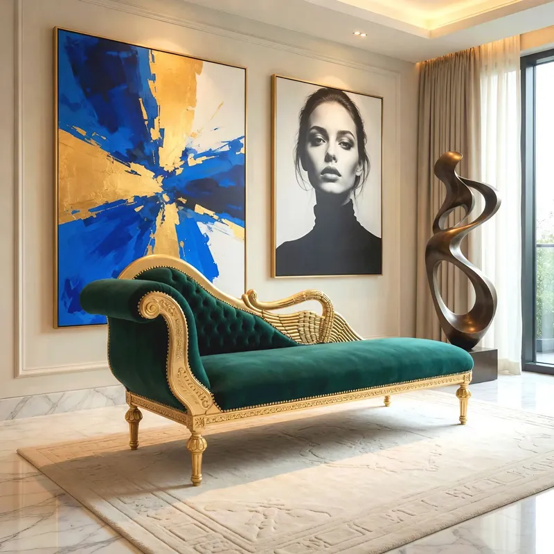 Large Baroque swan-neck recamier in green velvet and gilded wood