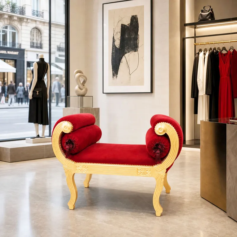 Roman bench in burgundy velvet and gilded wood