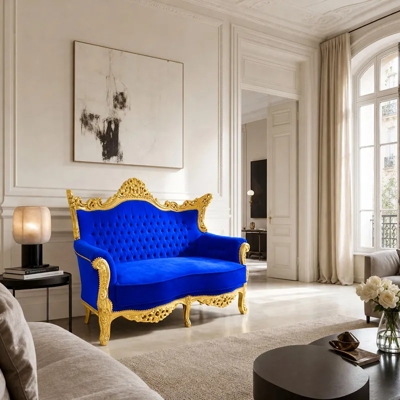 Two-seater Rococo Baroque sofa in royal blue velvet and gilded wood
