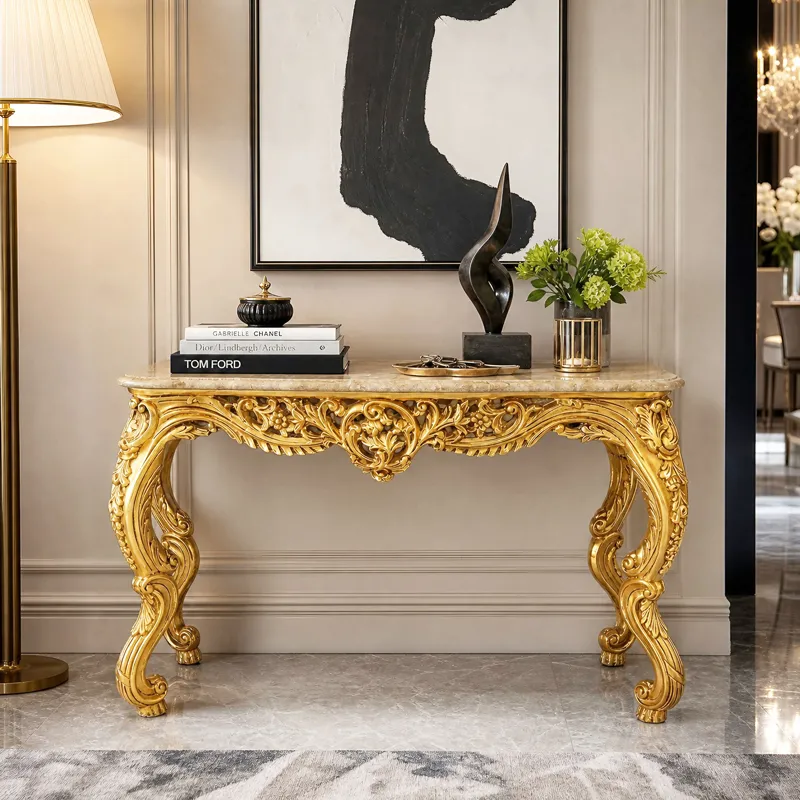 Louis XV Rocaille Baroque console in gilded wood and beige marble