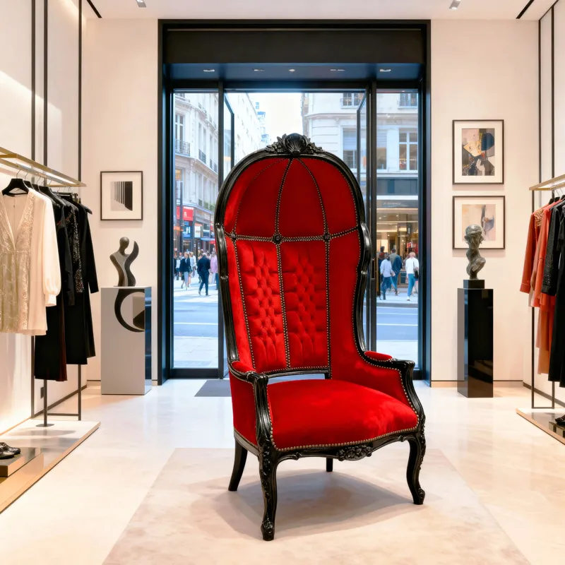 Large Baroque carriage armchair in red velvet and black wood