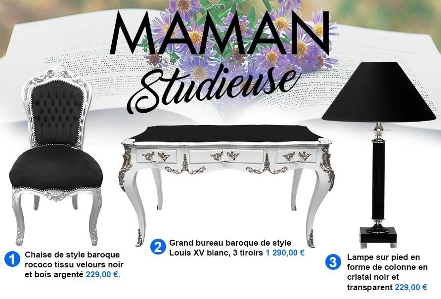 Chaise de style baroque rococo, grand bureau baroque et lampe sur pied pour une Maman Studieuse