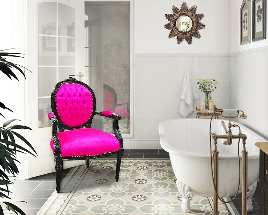 Baroque Louis XVI armchair fuchsia and black lacquered wood bathroom cement tiles