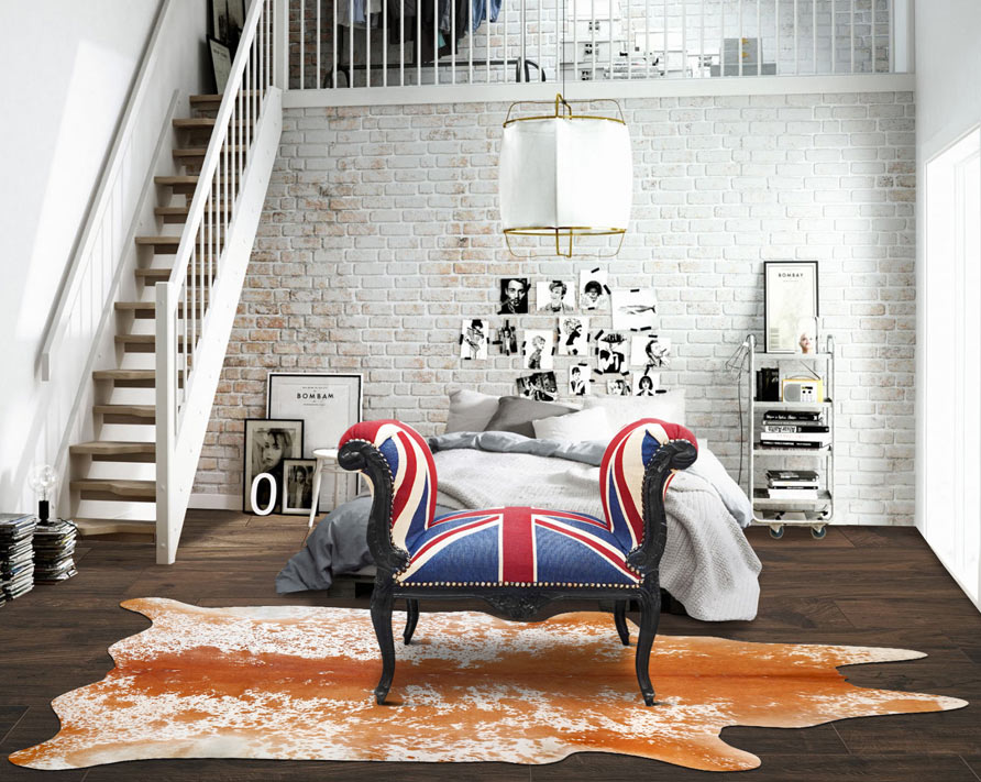 scene with a brown and white cowhide rug