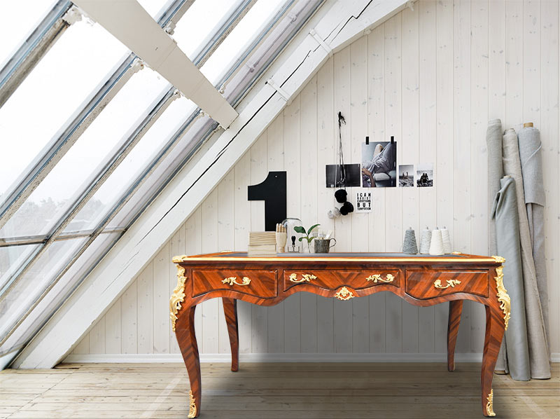 large Louis XV style desk in rosewood inlaid with 3 drawers