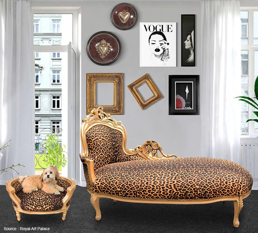 canapé lit pour chien ou chat baroque tissu léopard et bois doré Royal Art Palace