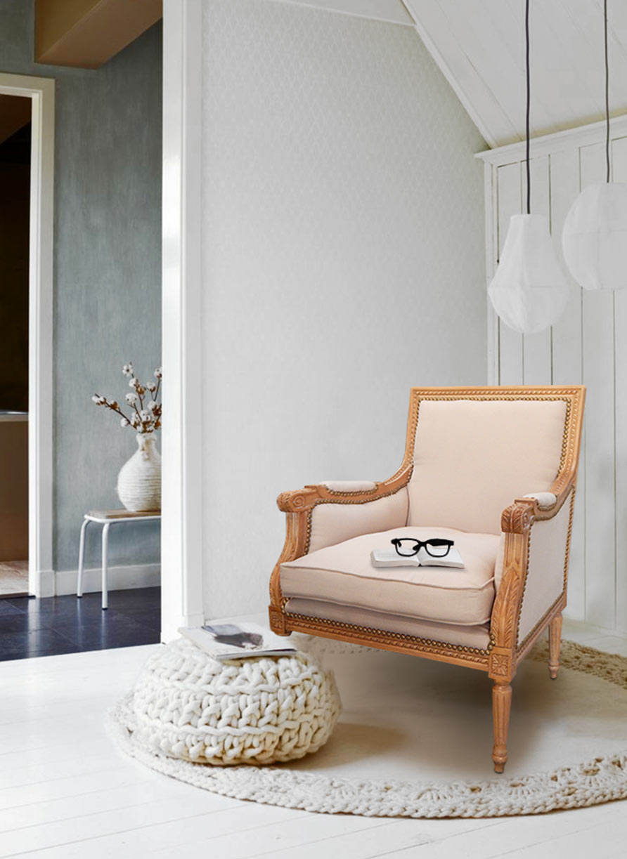 reading area in a large Louis XVI style of shepherdess beige color linen fabric and natural wood Royal Art Palace