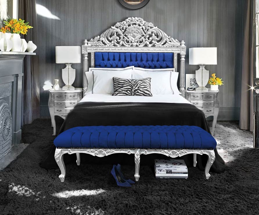 flat bench Louis XV style blue velvet and silver wood Royal Art Palace.