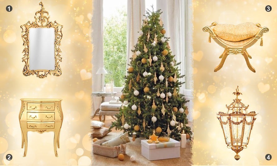 Selection of mirror, bedside, banquette and lantern Royal Art Palace for a golden Christmas