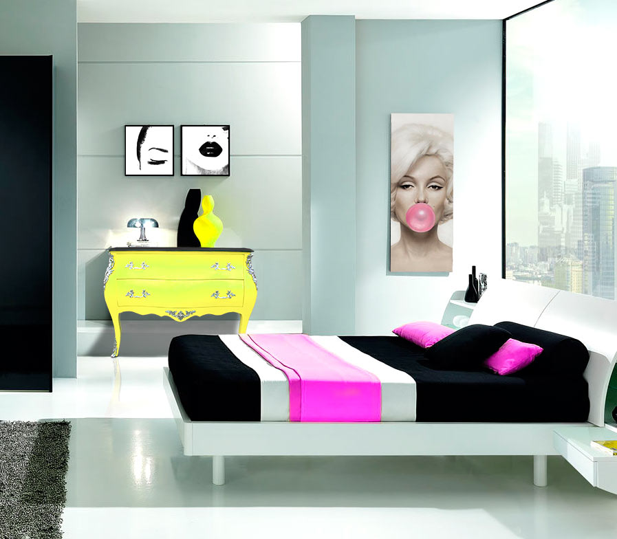 Fluo teen room with a baroque chest of drawers Louis XV style yellow fluo Royal Art Palace