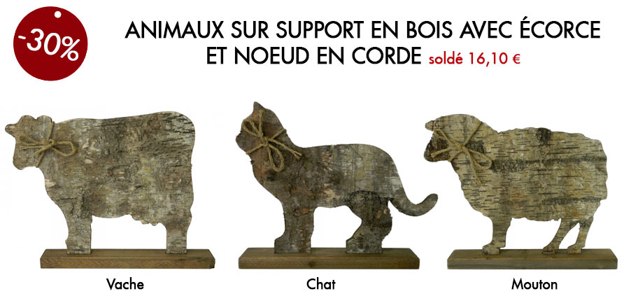 Soldes d’hiver 2ème animaux sur support en bois avec écorce et nœud en corde ».