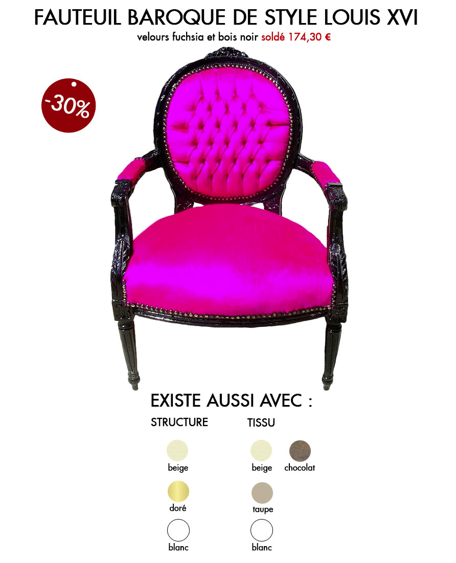 Soldes d’hiver 2ème démarque « fauteuil baroque de style Louis XVI ».